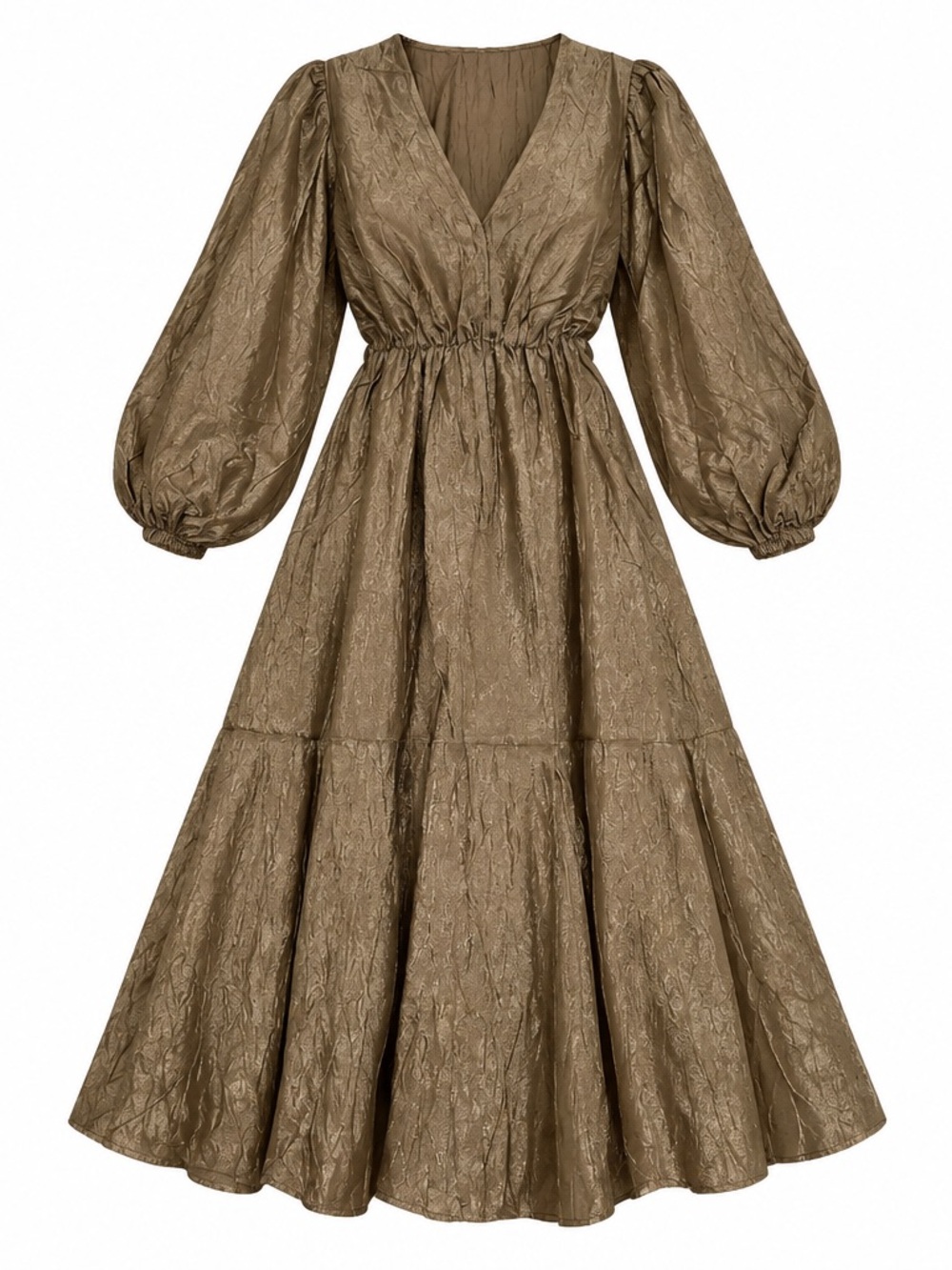 Women's Brown V-neck Balloon-Sleeve Midi Dress Size L